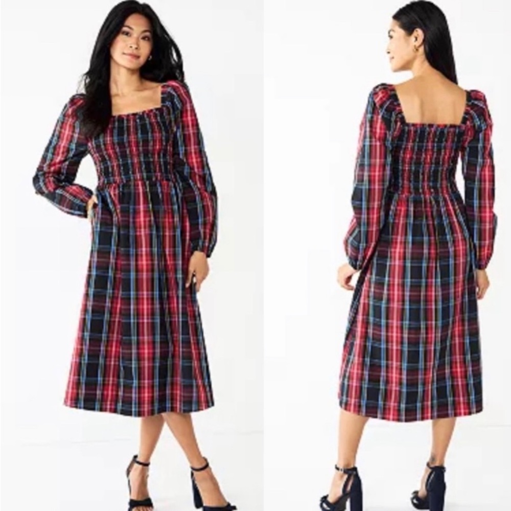 Draper James Plaid Midi Dress in Red and Blue